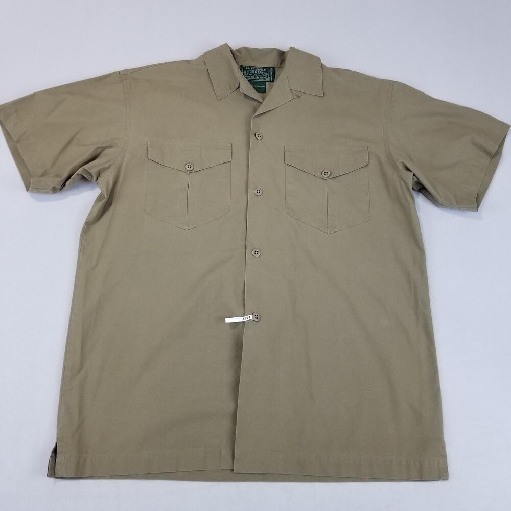 Ralph Lauren Country Shirt Mens Small Khaki Vintage 90s Safari Camp Loop Collar